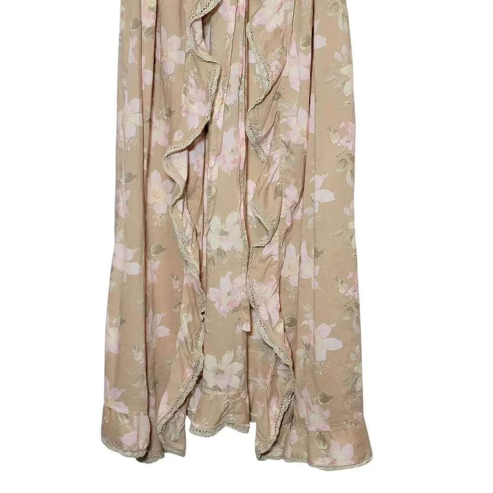 Fleurette Floral Cotton Kimono Robe Ruffle Tie Waist Maxi Beige Pink Romantic S - Picture 4 of 13